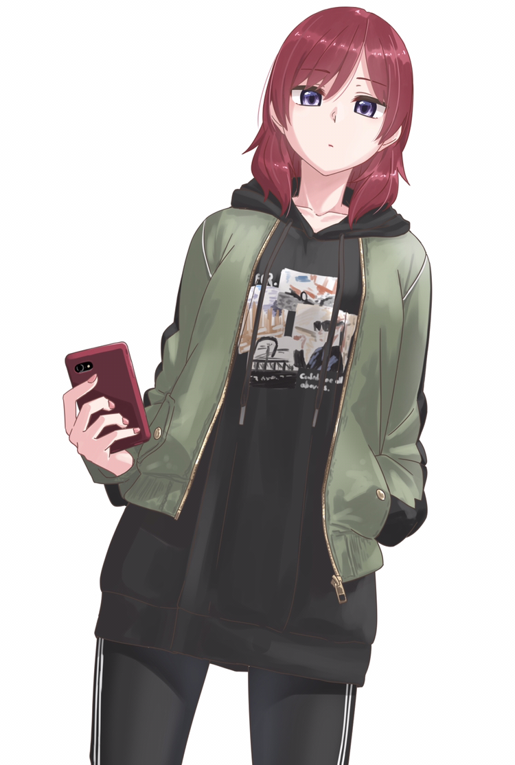 1girl black_hoodie black_pants cellphone collarbone commentary dutch_angle english_commentary green_jacket hand_in_pocket holding holding_phone hood hood_down hoodie jacket looking_at_viewer love_live! love_live!_school_idol_project medium_hair nishikino_maki pants parted_lips phone print_hoodie redhead s_sho_mkrn smartphone solo standing upper_body violet_eyes white_background