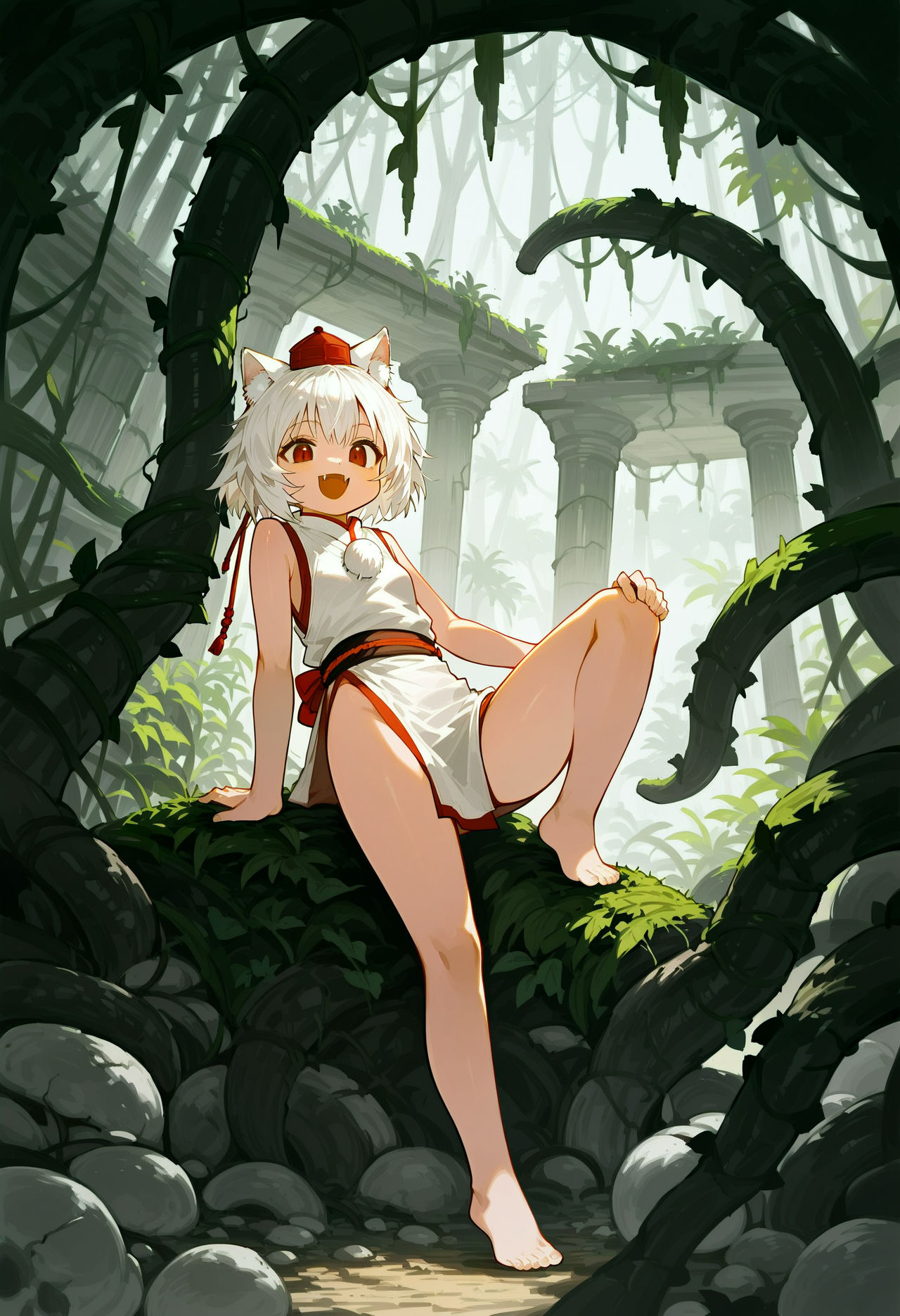 1girl :d alternate_costume animal_ear_fluff animal_ears bare_arms bare_legs bare_shoulders barefoot bow bowtie branch breasts climbing_tree column dress fangs foliage full_body grin happy hat headwear_request highres inubashiri_momiji japanese_clothes jungle kimono loli looking_at_viewer mooshieblobs moss nature obijime outdoors overgrown pillar plant pom_pom_(clothes) red_bow red_bowtie red_eyes rock ruins sash scenery short_dress short_hair short_kimono sitting small_breasts smile solo stone_building stone_pillar sunlight tareme tokin_hat touhou vines white_hair wolf_ears wolf_girl