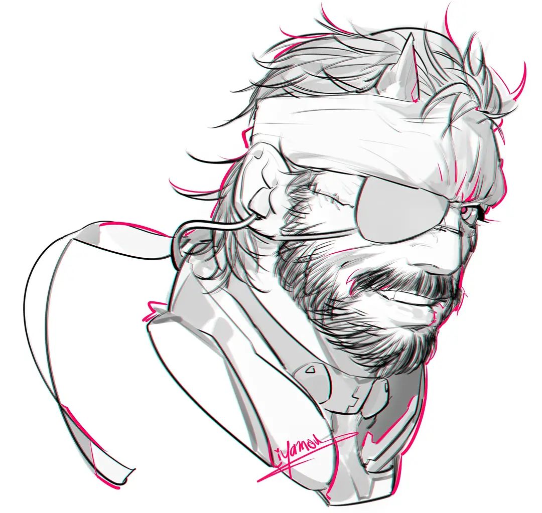 1boy beard cropped_head facial_hair full_beard greyscale headband liyamou looking_at_viewer male_focus mature_male metal_gear_(series) monochrome outline pink_outline short_hair smile solid_snake solo thick_mustache tsurime