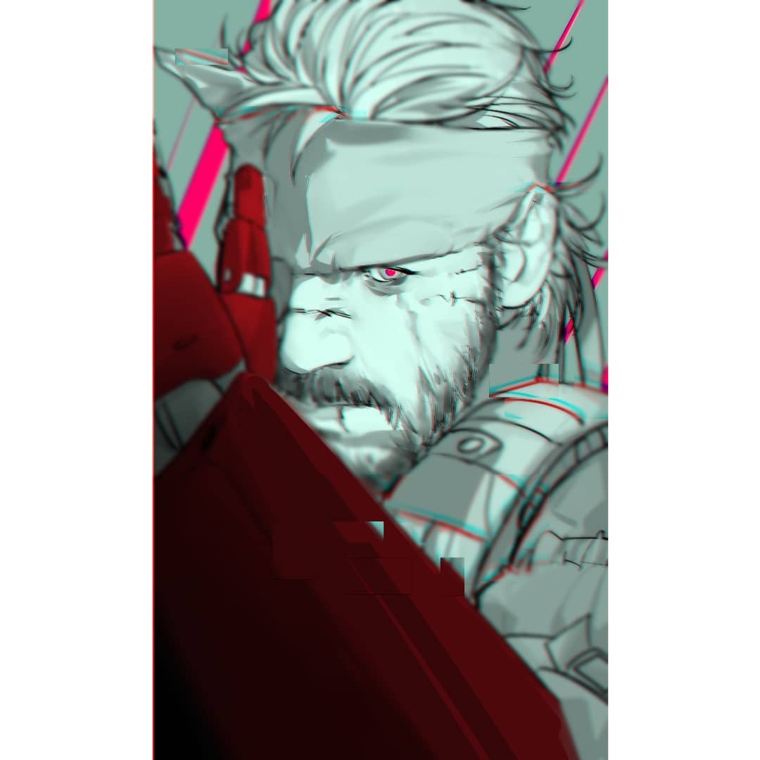 1boy arm_up beard digital_dissolve facial_hair full_beard greyscale headband liyamou looking_at_viewer male_focus mature_male metal_gear_(series) monochrome scar short_hair solid_snake solo spot_color thick_mustache tsurime upper_body wrinkled_skin