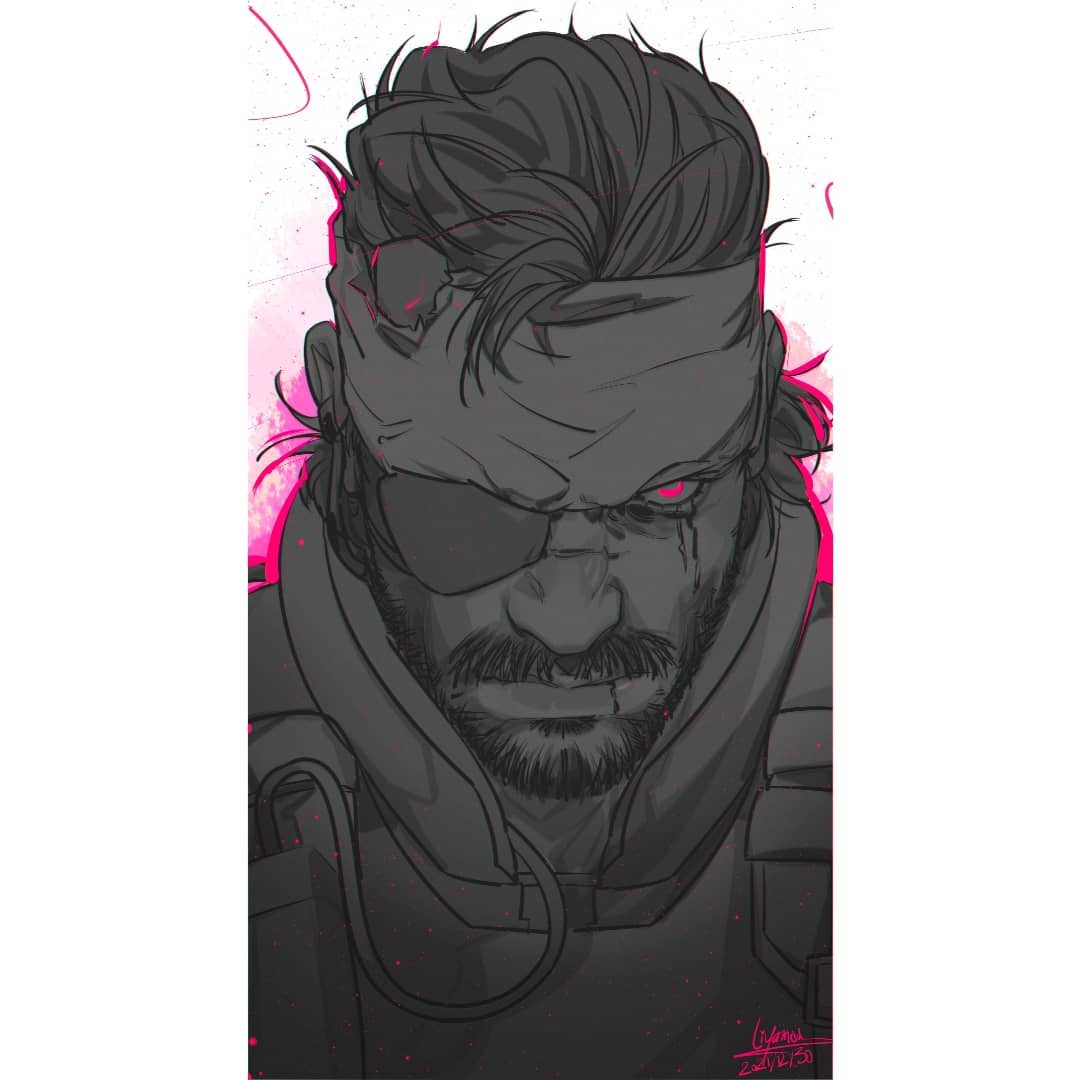 1boy beard facial_hair frown full_beard glowing glowing_eye greyscale_with_colored_background headband liyamou looking_at_viewer male_focus mature_male metal_gear_(series) metal_gear_solid outline pink_outline portrait short_hair solid_snake solo thick_mustache tsurime