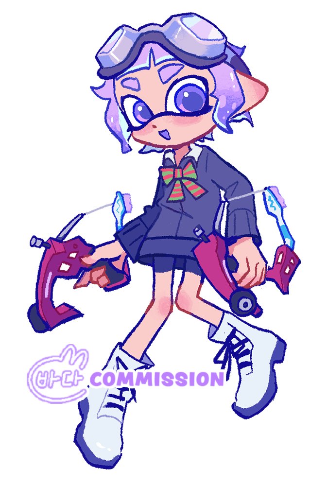1girl :o commentary commission dapple_dualies_(splatoon) dual_wielding english_commentary full_body goggles goggles_on_head gun holding holding_gun holding_weapon inkling inkling_girl inkling_player_character knees_together_feet_apart open_mouth pointy_ears purple_hair short_hair simple_background smile solo splatoon_(series) splatoon_3 standing tentacle_hair thick_eyebrows tokkibada violet_eyes watermark weapon white_background