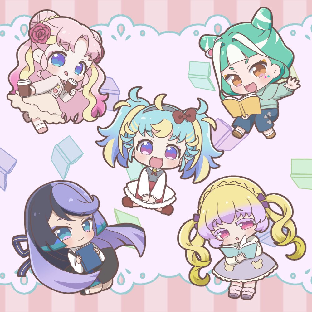 5girls :d ahoge black_hair blonde_hair blue_eyes blue_hair blue_pants blunt_bangs book bow carron_(waccha_primagi!) chibi chii_(chi_pppuri) chimumu closed_mouth commentary_request cup disposable_cup double_bun dress flower full_body green_hair green_shirt hair_bow hair_bun hair_flower hair_ornament hair_ribbon hanitan holding holding_book holding_cup long_hair long_sleeves looking_at_viewer multicolored_hair multiple_girls myamu open_book open_mouth orange_eyes pants parted_bangs patano_(waccha_primagi) pink_eyes pink_flower pink_hair pink_rose pretty_series purple_hair ribbon rose shirt short_hair sidelocks sitting smile standing streaked_hair tongue tongue_out twintails very_long_hair violet_eyes waccha_primagi! wavy_hair white_dress white_hair