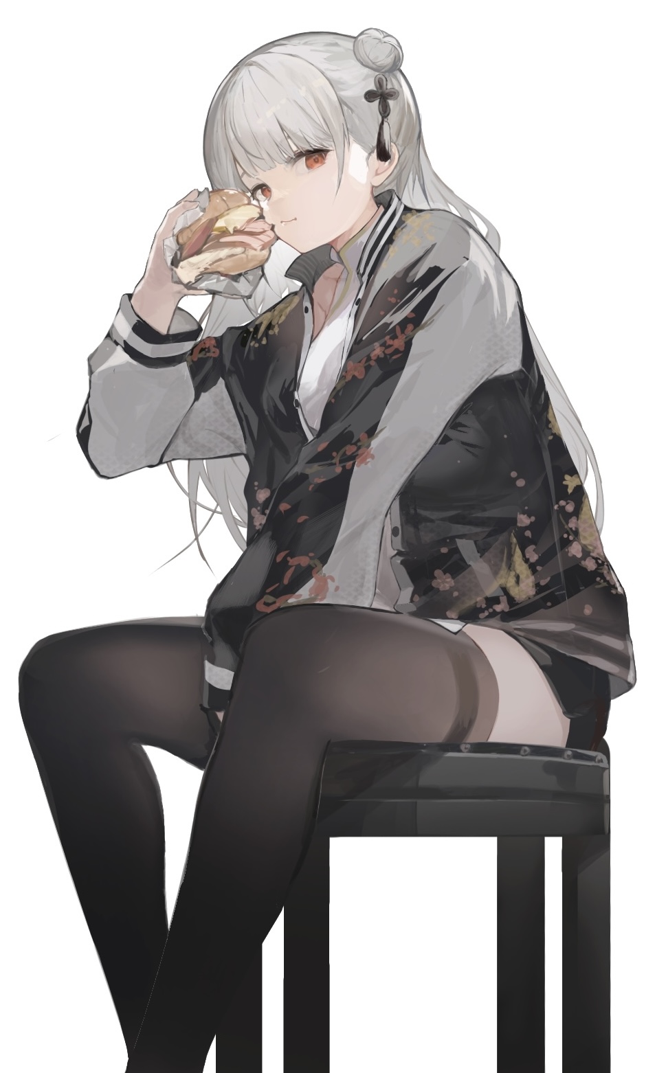 1girl anths arm_between_legs black_thighhighs burger covered_collarbone eating feet_out_of_frame food grey_hair hair_bun hair_ornament highres holding holding_food iron_saga jacket long_hair long_sleeves looking_at_viewer lying on_back open_clothes open_jacket qin_(iron_saga) red_eyes shirt single_hair_bun sitting sleeveless sleeveless_shirt solo sukajan thigh-highs white_shirt