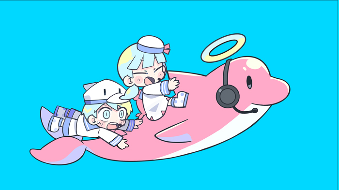 1boy 1girl animal_hat black_eyes black_headphones blue_background blue_eyes blue_hair blue_sailor_collar blunt_bangs blush_stickers boots character_request clinging closed_eyes collared_shirt commentary_request copyright_request deformed dolphin dress duck_hat full_body halo hat hat_ribbon headpiece light_smile long_sleeves low_twintails mini_hat neckerchief open_mouth polka_dot_footwear red_neckerchief red_ribbon ribbon riding riding_animal sailor sailor_collar sailor_dress sailor_hat sailor_shirt shirt short_dress short_hair short_twintails shorts simple_background solid_oval_eyes sweatdrop teeth terada_tera twintails upper_teeth_only v-shaped_eyebrows white_dress white_footwear white_headwear white_shorts white_sleeves wide-eyed yellow_halo