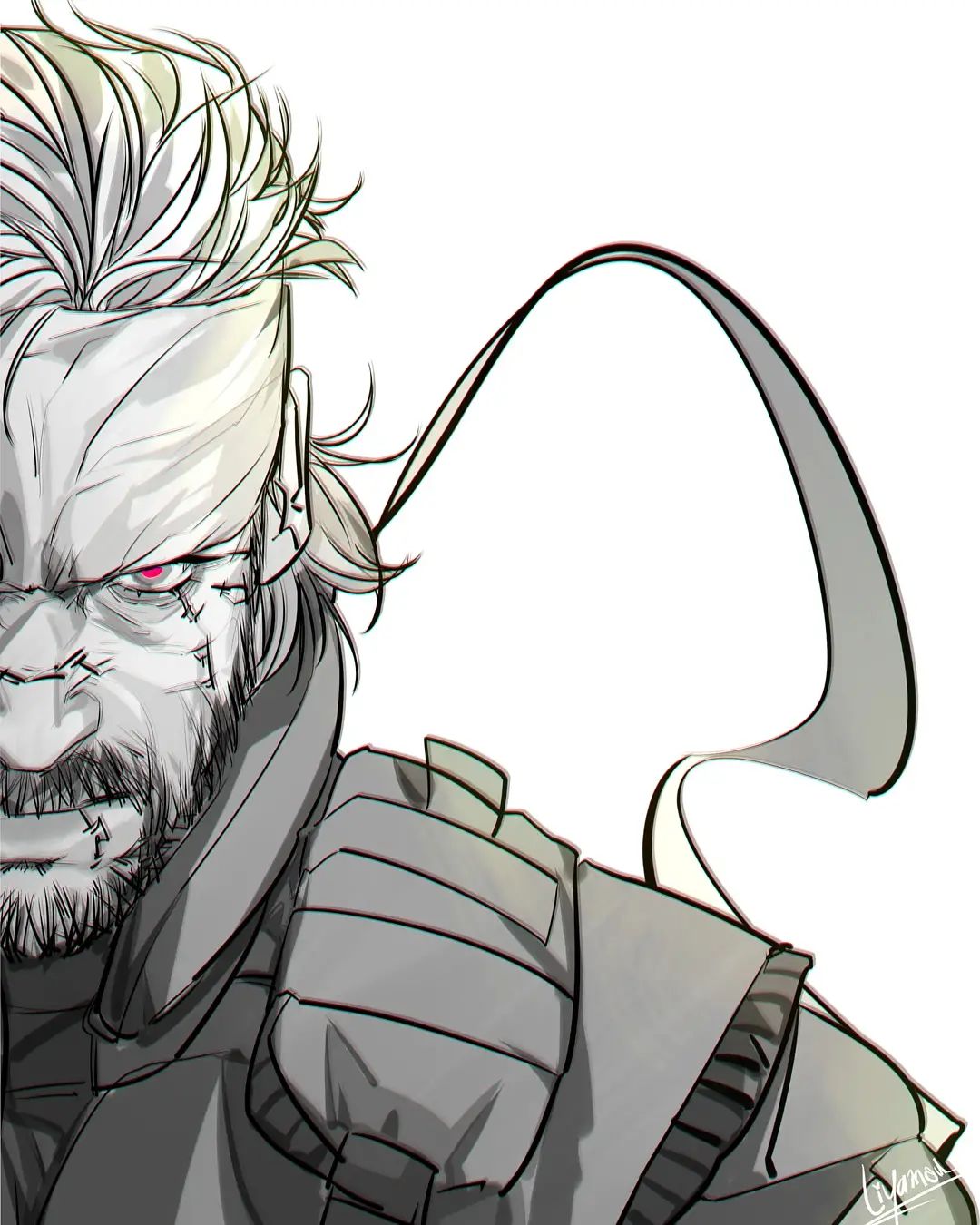 1boy beard facial_hair frown full_beard glowing glowing_eye greyscale headband highres liyamou looking_at_viewer male_focus mature_male metal_gear_(series) metal_gear_solid monochrome portrait short_hair solid_snake solo spot_color thick_mustache tsurime