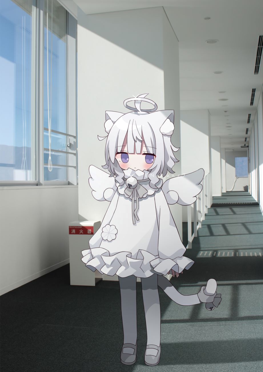 1girl ahoge animal_ear_fluff animal_ears bell blue_sky blush bow cat_ears cat_girl cat_tail closed_mouth commentary_request day detached_wings dress grey_bow grey_footwear grey_hair grey_pantyhose halo highres indoors jingle_bell long_sleeves looking_at_viewer mini_wings nakkar neck_bell original pantyhose photo_background puffy_long_sleeves puffy_sleeves shoes sky sleeves_past_wrists solo standing tail tail_bell tail_bow tail_ornament twitter_username violet_eyes white_dress white_wings window wings