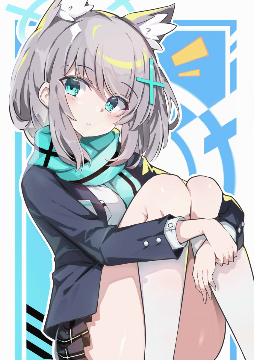 1girl animal_ear_fluff animal_ears black_skirt blue_archive blue_eyes blue_halo blue_jacket blue_scarf blush cross_hair_ornament extra_ears feet_out_of_frame grey_hair hair_ornament halo highres hugging_own_legs jacket kneehighs knees_up long_sleeves looking_at_viewer mismatched_pupils notice_lines omochishiki open_clothes open_jacket plaid plaid_skirt pleated_skirt scarf shiroko_(blue_archive) shirt sitting skirt socks solo white_shirt wolf_ears