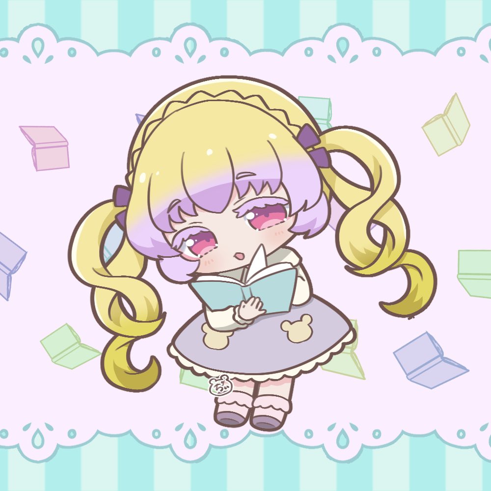 1girl blonde_hair book chibi chii_(chi_pppuri) commentary_request full_body hanitan holding holding_book long_hair long_sleeves looking_at_viewer open_book open_mouth pink_eyes pink_hair pretty_series purple_skirt quad_tails shoes skirt solo standing waccha_primagi!