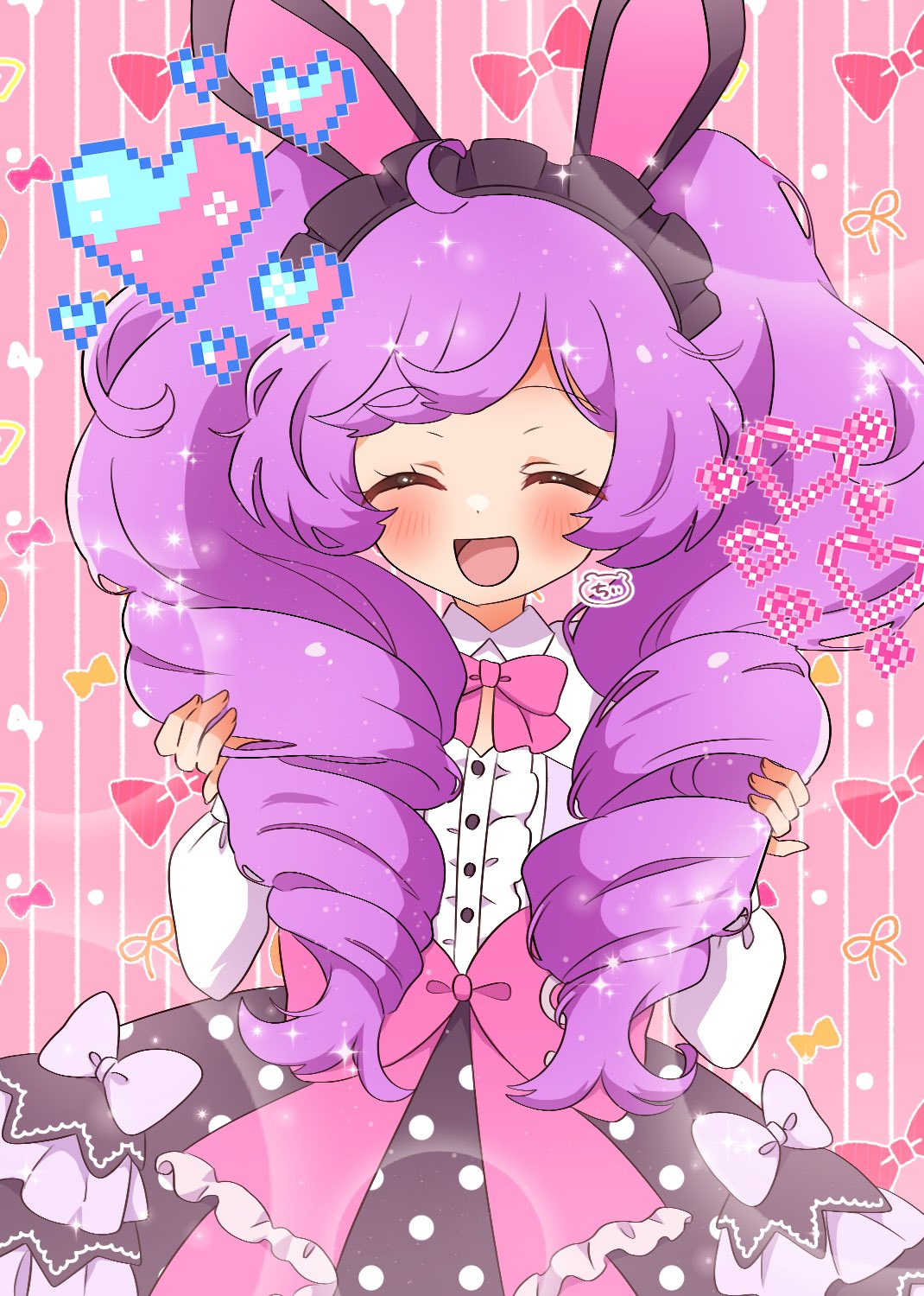 1girl :d ^_^ animal_ear_hairband animal_ears black_skirt blush bow chii_(chi_pppuri) closed_eyes commentary_request cosplay cowboy_shot drill_hair facing_viewer fake_animal_ears hairband hands_up heart highres holding_own_hair idol_land_pripara katasumi_amari katasumi_amari_(cosplay) long_hair manaka_laala open_mouth pink_background pink_bow polka_dot polka_dot_skirt pretty_series pripara purple_hair rabbit_ear_hairband rabbit_ears shirt skirt smile solo standing twin_drills twintails white_shirt