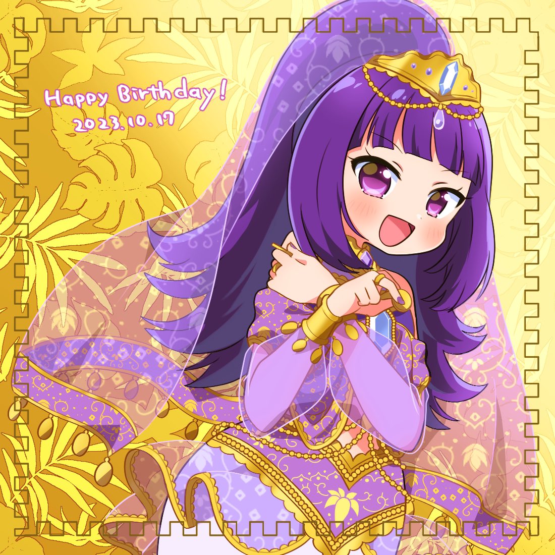 1girl :d blonde_hair blunt_bangs blush chii_(chi_pppuri) coin commentary_request cowboy_shot dancer hanazono_shuka hands_up happy_birthday holding holding_coin idol_time_pripara long_hair long_sleeves looking_at_viewer open_mouth ponytail pretty_series pripara purple_hair purple_veil see-through see-through_sleeves smile solo standing tiara veil violet_eyes yellow_background