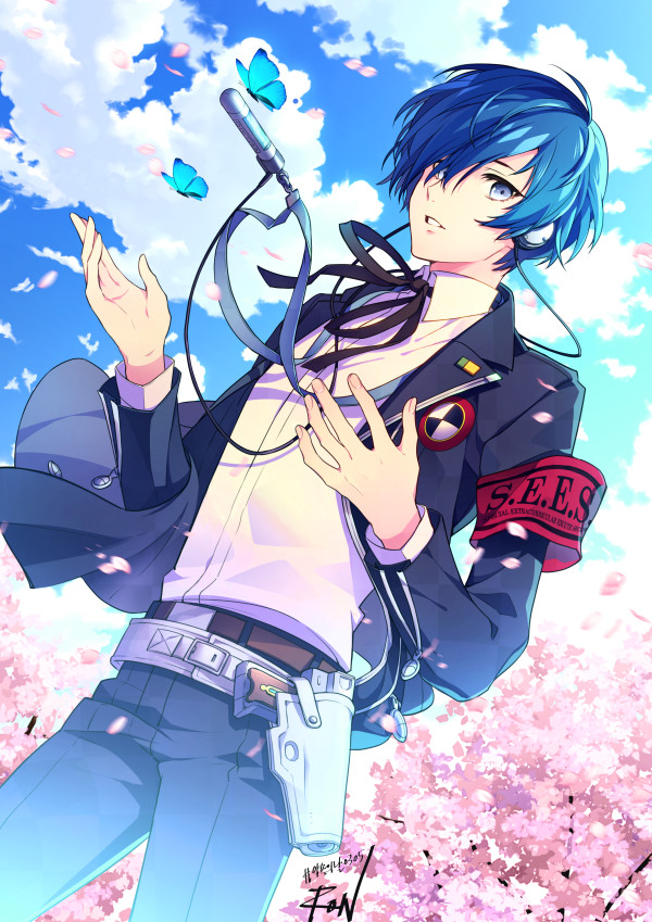 1boy armband belt black_jacket black_pants black_ribbon blue_butterfly blue_eyes blue_hair blue_sky bug butterfly cherry_blossoms clouds cloudy_sky collared_shirt commentary_request cowboy_shot digital_media_player earphones evoker falling_petals gekkoukan_high_school_uniform hair_over_one_eye jacket long_sleeves looking_at_viewer lovechro male_focus neck_ribbon open_clothes open_hands open_jacket outdoors pants parted_lips persona persona_3 petals ribbon s.e.e.s school_uniform shirt short_hair sky solo white_shirt yuuki_makoto_(persona_3)