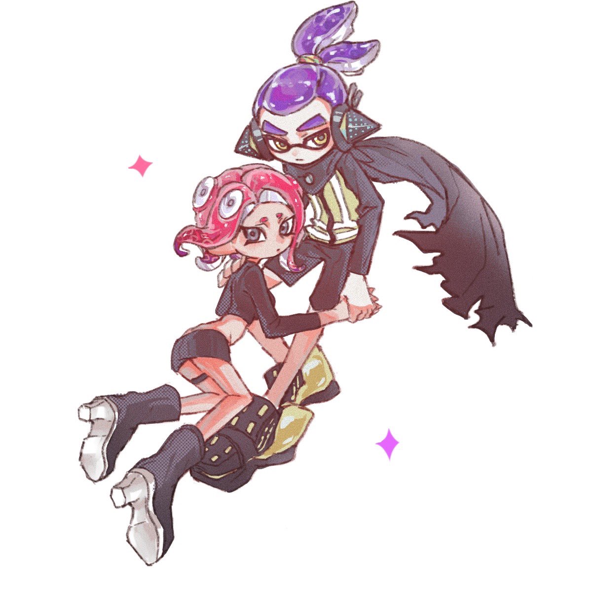1boy 1girl agent_3_(splatoon) agent_8_(splatoon) black_cape black_footwear black_shorts black_skirt blue_hair boots cape closed_mouth crop_top film_grain grey_eyes headgear high-visibility_vest high_heel_boots high_heels highres holding_hands inkling inkling_boy inkling_player_character miniskirt octoling octoling_girl octoling_player_character ponytail redhead short_hair shorts simple_background skirt splatoon_(series) splatoon_2 splatoon_2:_octo_expansion suction_cups tentacle_hair thenintlichen96 thigh_strap torn_cape torn_clothes white_background yellow_eyes