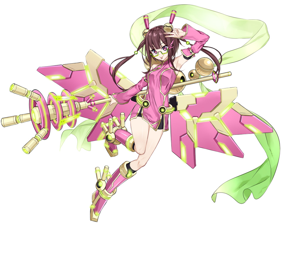 artist_request bare_shoulders boots brown_hair china_dress chinese_clothes cosmic_break dress feng_mei full_body glasses hagoromo looking_at_viewer mechanical_wings official_art pink_eyes semi-rimless_eyewear shawl smile staff tongue tongue_out twintails under-rim_eyewear v wings