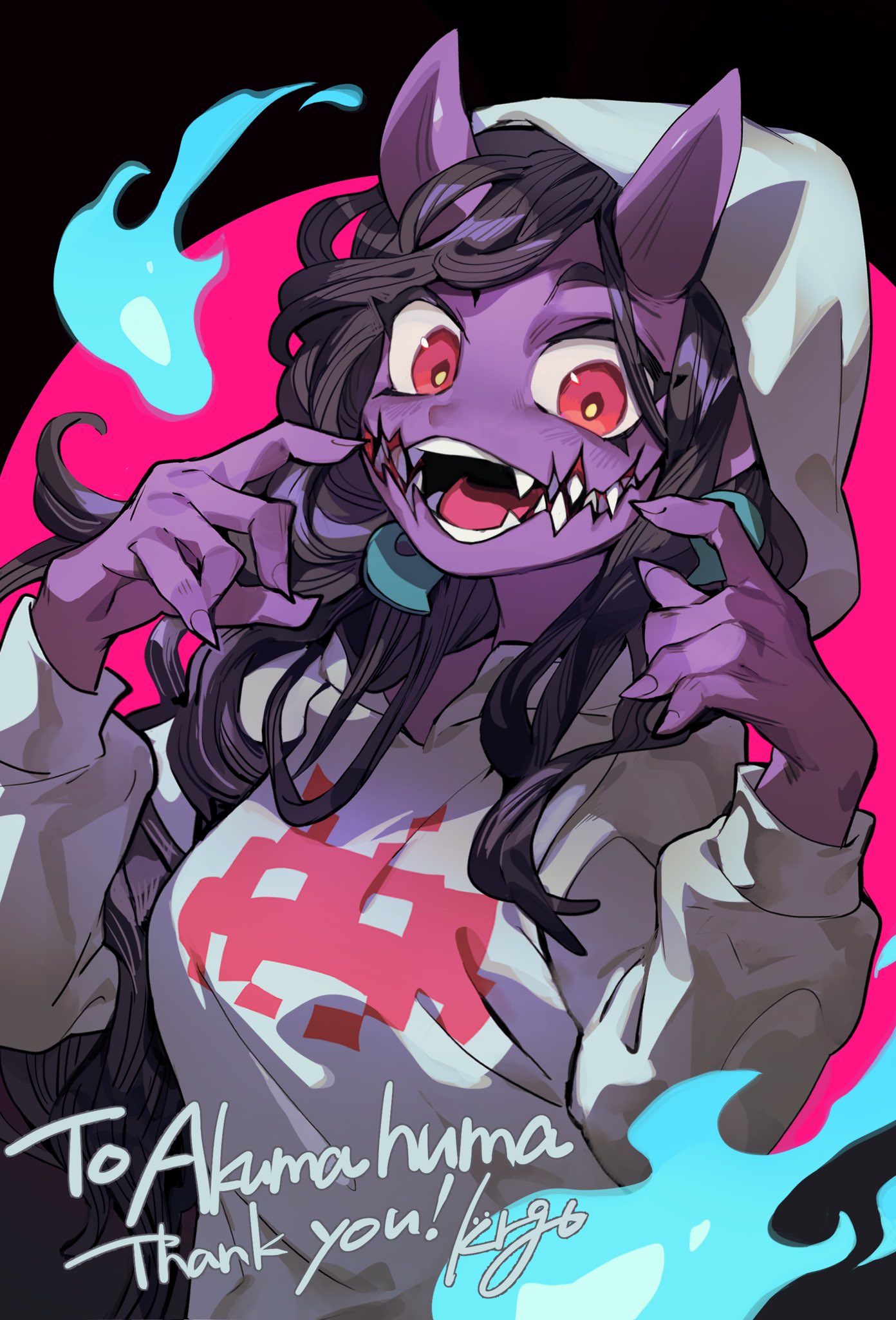 1girl black_background black_hair bright_pupils colored_skin commission fingernails glasgow_smile hair_ornament hands_up highres hitodama hood hood_up hoodie horns koroguchi long_hair looking_at_viewer monster_girl open_mouth original pink_background purple_horns purple_skin red_eyes sharp_fingernails sharp_teeth simple_background skeb_commission solo space_invaders teeth thank_you two-tone_background upper_body white_hoodie yellow_pupils