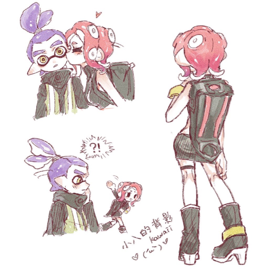 !? 1boy 1girl agent_3_(splatoon) agent_8_(splatoon) black_footwear black_skirt boots chinese_text closed_eyes film_grain from_behind hand_up heart hetero high-visibility_vest high_heel_boots high_heels inkling inkling_boy inkling_player_character kiss legs_apart long_sleeves miniskirt motion_lines octoling octoling_girl octoling_player_character pencil_skirt pointy_ears redhead short_hair simple_background skirt splatoon_(series) splatoon_2 splatoon_2:_octo_expansion standing suction_cups tentacle_hair thenintlichen96 vest white_background yellow_eyes