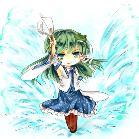 1girl arm_up blue_skirt brown_footwear chibi closed_mouth collared_shirt commentary_request detached_sleeves frilled_skirt frills frog_hair_ornament full_body gohei green_eyes green_hair hair_ornament kochiya_sanae kutsuki_kai long_hair lowres shirt skirt snake_hair_ornament solo spell_card touhou white_background white_shirt wide_sleeves