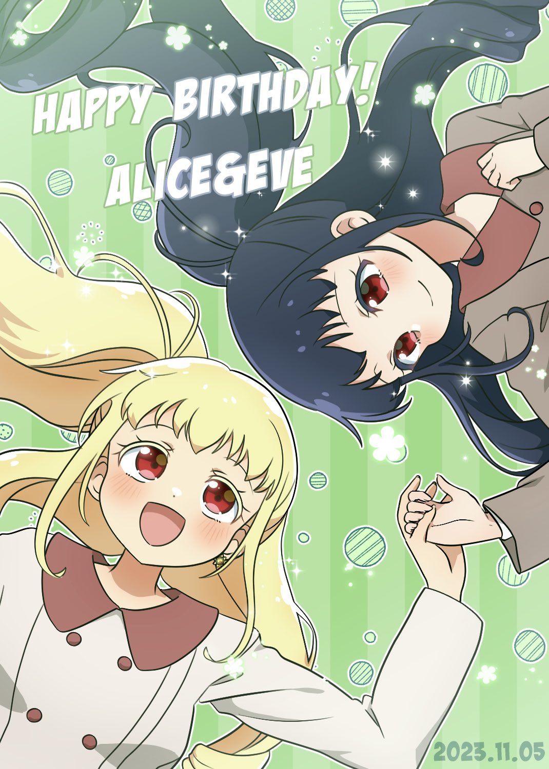2girls :d alice_peperoncino black_hair blonde_hair blush character_name chii_(chi_pppuri) closed_mouth dated dutch_angle from_above green_background hand_on_own_chest hand_up happy_birthday highres holding_hands kagayaki_eve kiratto_pri_chan long_hair long_sleeves looking_at_another lying multiple_girls on_back open_mouth ponytail pretty_series red_eyes smile upper_body upside-down