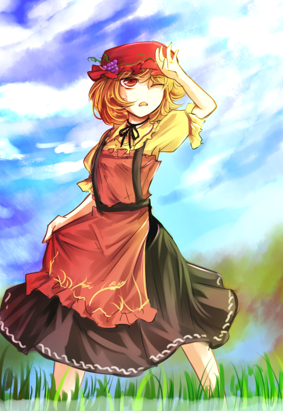 1girl aki_minoriko apron black_skirt blonde_hair blue_sky clouds commentary_request feet_out_of_frame food fruit grapes grass hat kutsuki_kai mob_cap one-hour_drawing_challenge one_eye_closed open_mouth outdoors red_apron red_eyes red_headwear short_hair short_sleeves skirt sky solo standing touhou