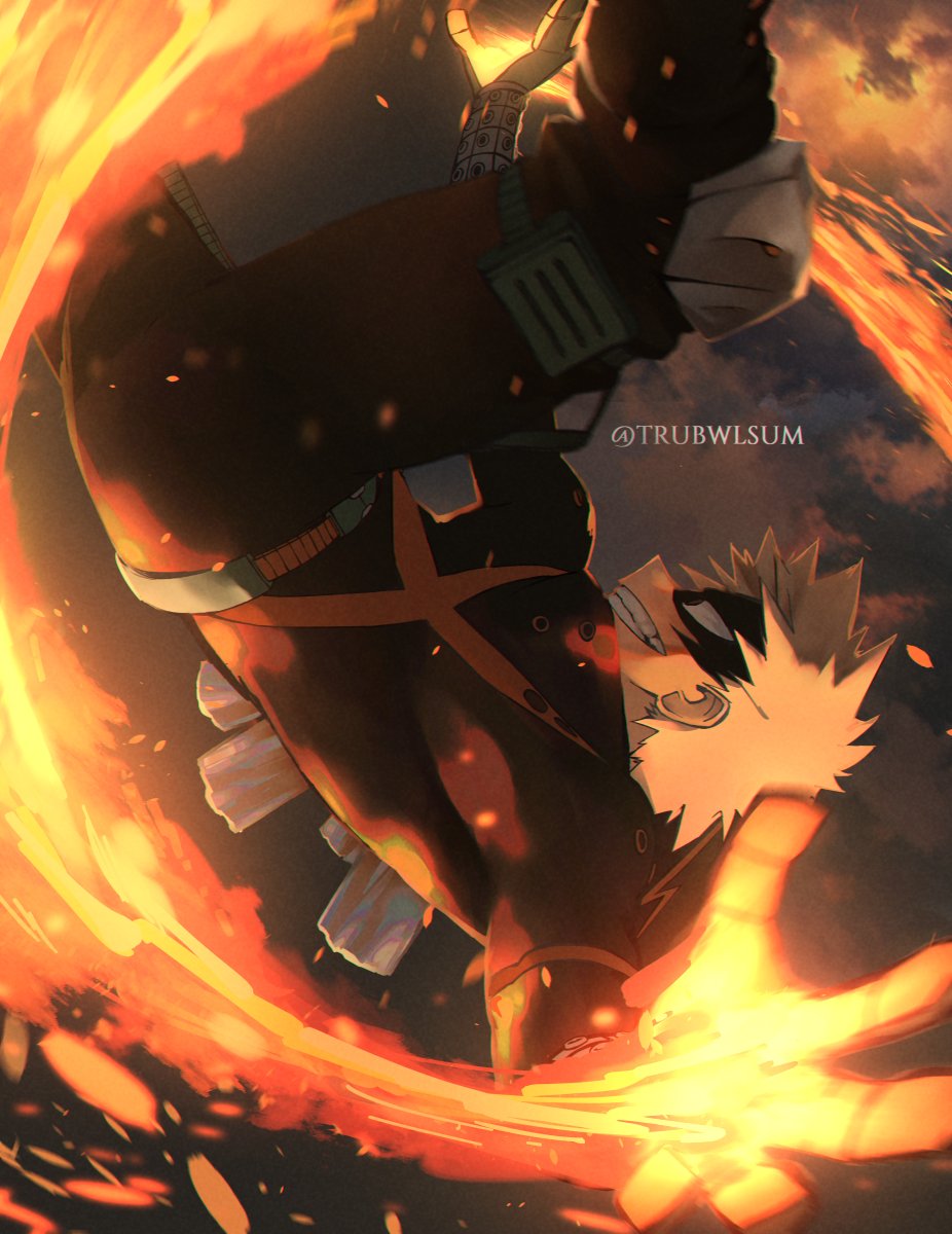 1boy artist_name bakugou_katsuki belt black_mask black_pants blonde_hair bloom boku_no_hero_academia boots buckle chromatic_aberration commentary cylinder embers english_commentary eye_mask falling feet_out_of_frame film_grain fire foreshortening from_side gloves green_gloves grin hands_up headgear high_collar highres knee_boots knee_pads leaning_forward light looking_ahead male_focus midair orange_gloves outstretched_arms pants profile red_eyes sanpaku short_hair single_horizontal_stripe smile smoke snap-fit_buckle solo spiky_hair spread_arms trubwlsum two-tone_gloves upside-down wrist_guards