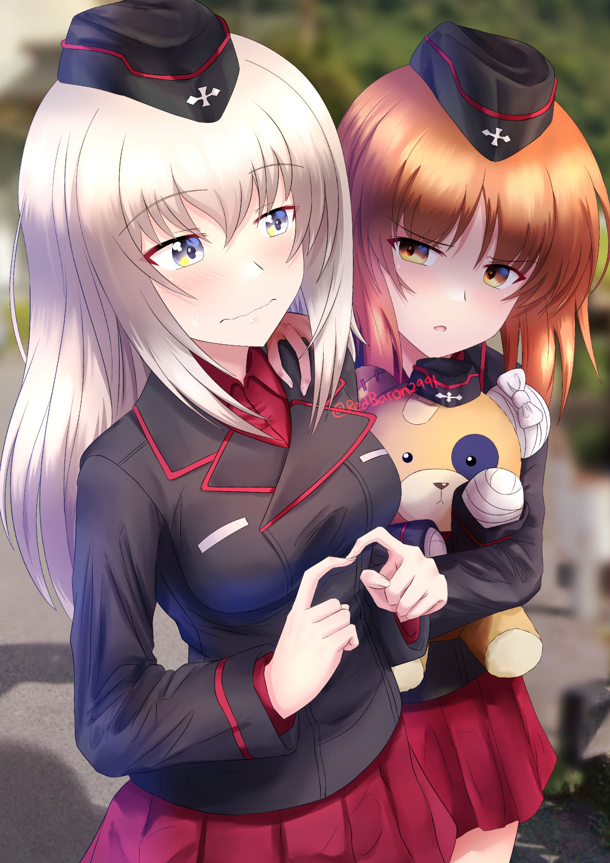 2girls black_headwear black_jacket blue_eyes blurry blurry_background boko_(girls_und_panzer) closed_mouth commentary day dress_shirt frown garrison_cap girls_und_panzer glaring grey_hair half-closed_eyes hand_on_another's_shoulder hat highres holding holding_stuffed_toy index_fingers_together insignia itsumi_erika jacket kuromorimine_military_uniform long_sleeves looking_at_viewer medium_hair military_hat military_uniform miniskirt multiple_girls nishizumi_miho open_mouth outdoors pleated_skirt red_shirt red_skirt redbaron shirt short_hair skirt standing stuffed_toy twitter_username uniform wing_collar
