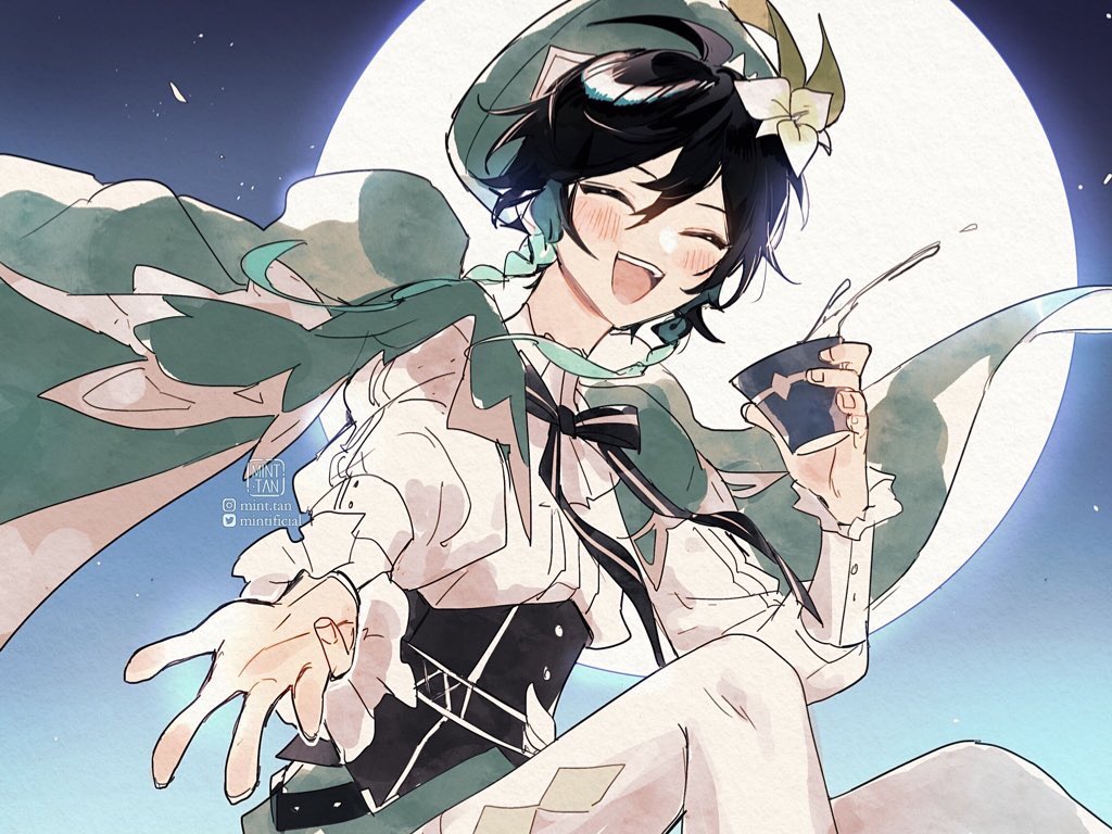 1boy alcohol beret black_hair blue_sky blush cape closed_eyes cup flower full_moon genshin_impact green_hair green_headwear hair_flower hair_ornament happy hat holding holding_cup mint-tan moon multicolored_hair open_mouth outdoors outstretched_hand sky solo teeth tongue upper_teeth_only venti_(genshin_impact) white_flower