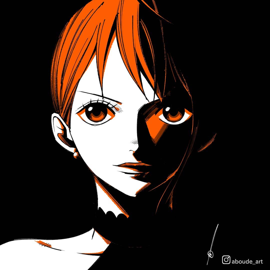 1girl aboude_art arabic_commentary artist_name closed_mouth commentary_request earrings english_commentary instagram_logo instagram_username jewelry limited_palette looking_at_viewer mixed-language_commentary nami_(one_piece) one_piece orange_eyes orange_hair pearl_earrings signature solo