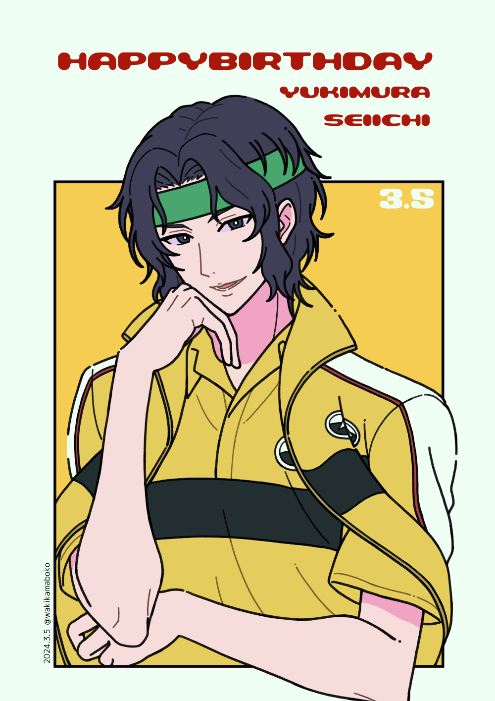 1boy black_eyes black_hair character_name commentary_request dated green_background green_headband hand_up happy_birthday headband highres jacket jacket_on_shoulders looking_at_viewer male_focus neki_(wakiko) open_mouth parted_bangs revision shirt short_sleeves smile solo tennis_no_ouji-sama two-tone_background upper_body yellow_background yellow_jacket yellow_shirt yukimura_seiichi
