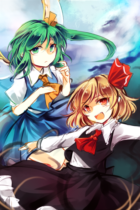 2girls :d ascot black_skirt black_vest blue_skirt blue_vest commentary_request daiyousei fairy_wings green_eyes green_hair hair_ribbon kutsuki_kai multiple_girls one-hour_drawing_challenge open_mouth outstretched_arms red_ascot red_ribbon ribbon rumia shirt side_ponytail skirt smile touhou vest white_shirt wings yellow_ascot