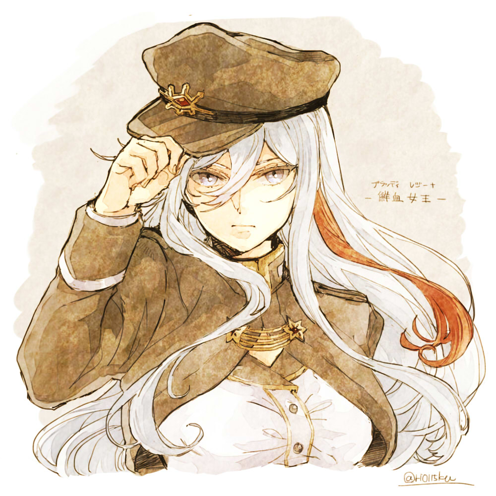 1girl 86_-eightysix- banira_(ri0115ka) breasts closed_mouth commentary_request cropped_torso expressionless floating_hair grey_eyes hair_between_eyes hand_on_headwear hat jacket long_bangs long_hair long_sleeves looking_at_viewer medium_breasts military_hat military_jacket peaked_cap redhead sepia shirt solo translation_request twitter_username vladilena_millize