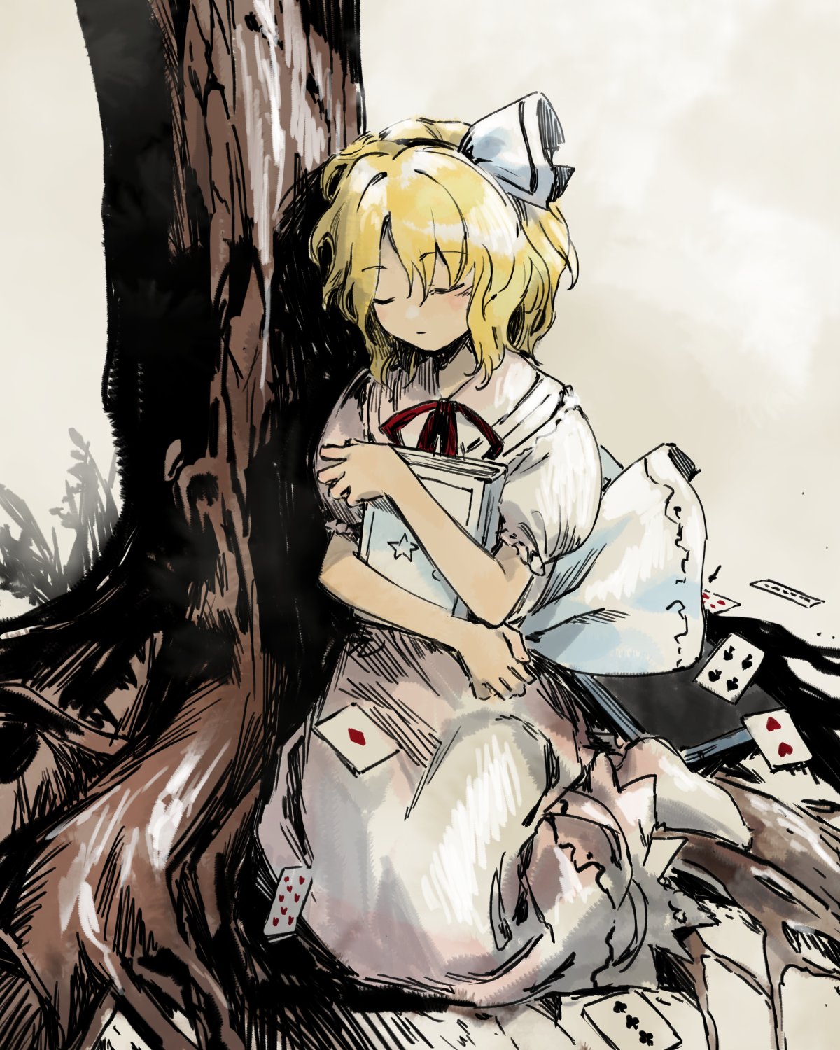1girl ace_(playing_card) ace_of_diamonds against_tree alice_margatroid alice_margatroid_(pc-98) back_bow blonde_hair book bow card closed_eyes closed_mouth collar collared_dress commentary diamond_(shape) dress expressionless frilled_collar frilled_dress frilled_sleeves frills full_body hair_ribbon heart highres holding holding_book kaigen_1025 kneeling light_blush long_dress neck_ribbon playing_card puffy_short_sleeves puffy_sleeves red_ribbon ribbon short_hair short_sleeves socks solo spade_(shape) touhou touhou_(pc-98) tree white_background white_bow white_dress white_ribbon white_sleeves white_socks