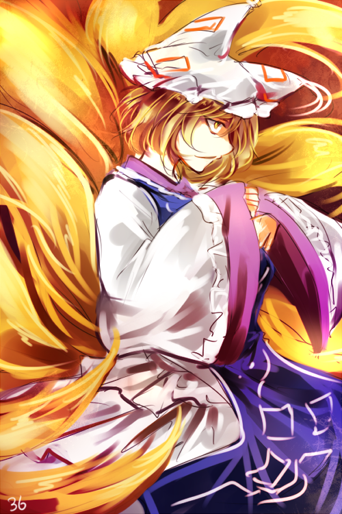 1girl blonde_hair commentary_request dress fox_girl fox_tail from_side hat kitsune kutsuki_kai long_sleeves mob_cap multiple_tails one-hour_drawing_challenge short_hair solo tabard tail touhou white_dress white_headwear wide_sleeves yakumo_ran yellow_eyes