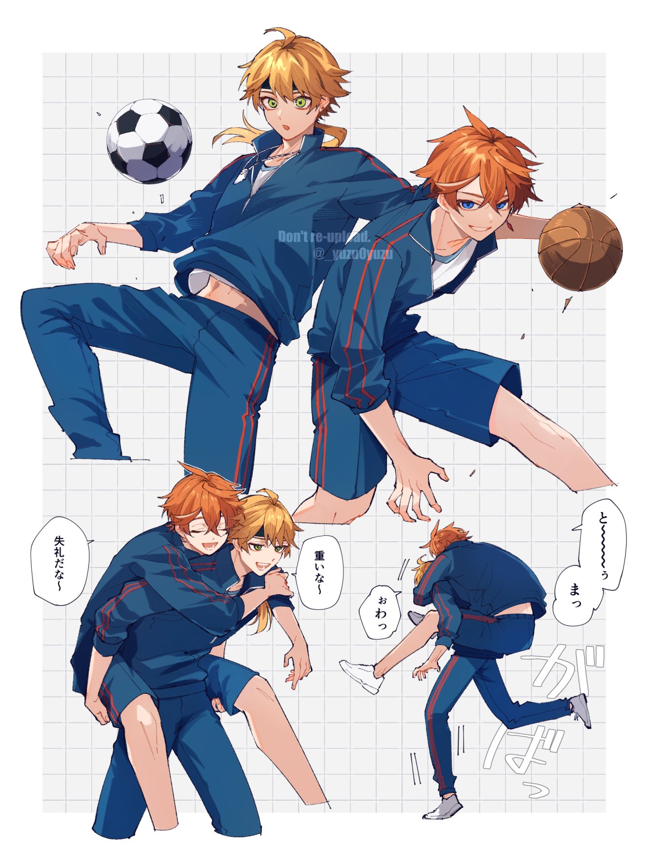 2boys :d :o ahoge artist_name ball basketball_(object) black_headband blonde_hair blue_eyes blue_jacket blue_pants blue_shorts border carrying closed_eyes commentary_request cropped_legs crossed_bangs dog_tags earrings floating_hair genshin_impact green_eyes grey_background grid_background grin gym_shirt gym_uniform hair_between_eyes hair_over_shoulder headband highres jacket jewelry laughing leg_up long_sleeves looking_at_viewer low_ponytail lower_teeth_only male_focus multiple_boys multiple_views open_mouth orange_hair outside_border pants piggyback playing_sports ponytail running sakura_0270 shirt shoes short_hair shorts simple_background single_earring smile sneakers soccer_ball speech_bubble tartaglia_(genshin_impact) teeth thoma_(genshin_impact) track_jacket translation_request twitter_username watermark white_border white_footwear white_shirt