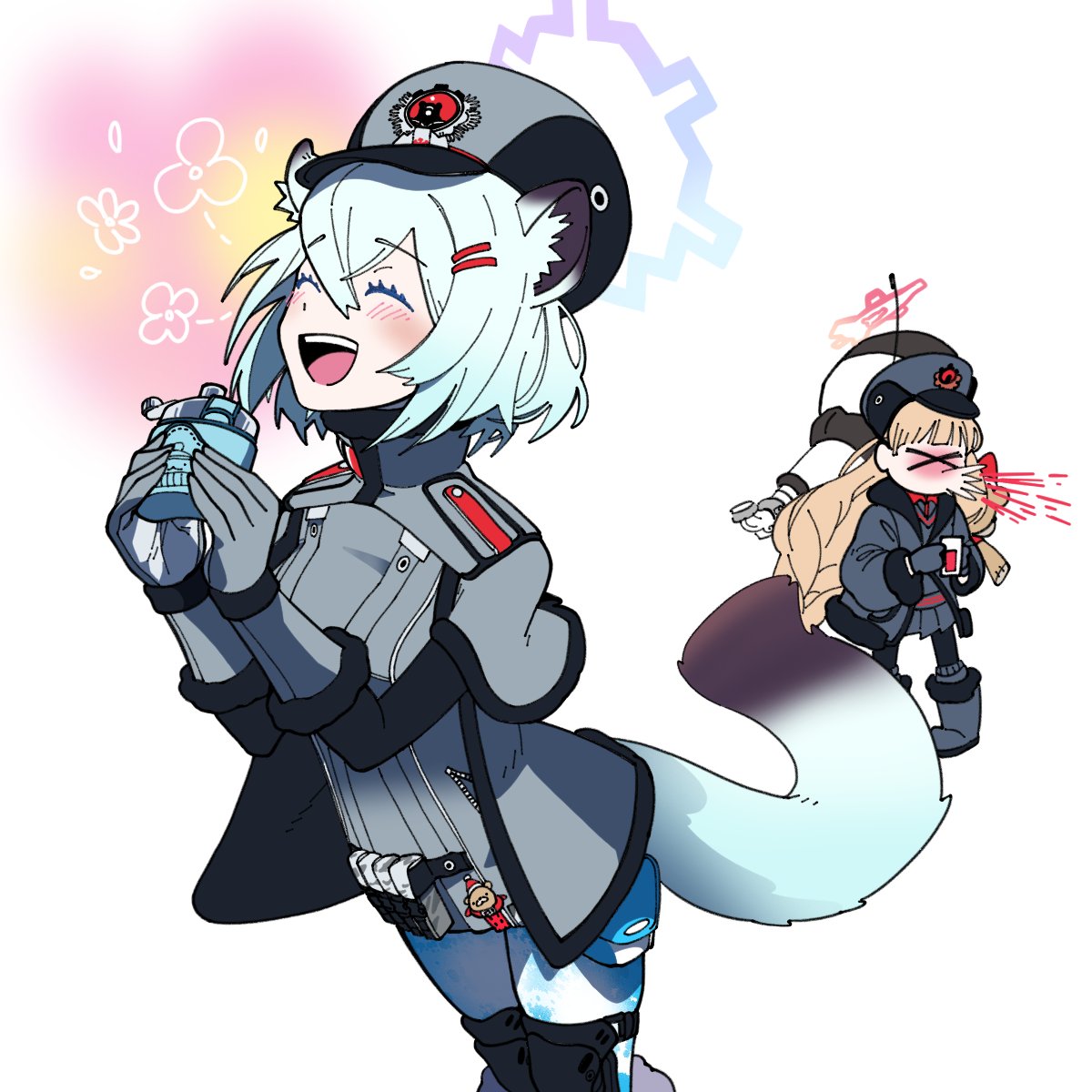 &gt;_&lt; 1bell1_1bell1 2girls :d ammunition_pouch animal_ears black_pantyhose blonde_hair blue_archive blue_hair blue_halo blue_tail coat colored_eyelashes epaulettes flask flower_(symbol) fur_hat gloves gradient_halo grey_gloves grey_jacket hair_ornament hairclip halo happy hat highres holding holding_flask jacket knee_pads medium_hair multiple_girls nodoka_(blue_archive) open_mouth pantyhose pleated_skirt pouch shigure_(blue_archive) skirt smile sneezing tail ushanka weasel_ears