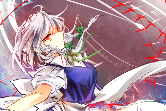 1girl commentary_request from_side grey_background grey_hair izayoi_sakuya knife kutsuki_kai looking_at_viewer maid maid_headdress medium_hair one-hour_drawing_challenge red_eyes short_sleeves solo touhou upper_body