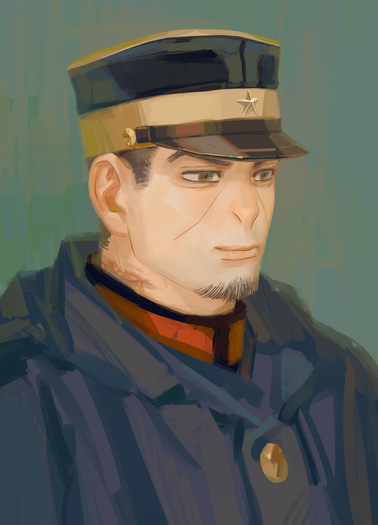 1boy black_headwear blue_coat brown_hair chengongzi123 closed_mouth coat commentary facial_hair goatee_stubble golden_kamuy green_background green_eyes hat highres hood hooded_coat looking_to_the_side male_focus military_hat military_uniform portrait red_pupils scar scar_on_neck short_hair simple_background smile solo stubble symbol-only_commentary tsukishima_hajime uniform very_short_hair