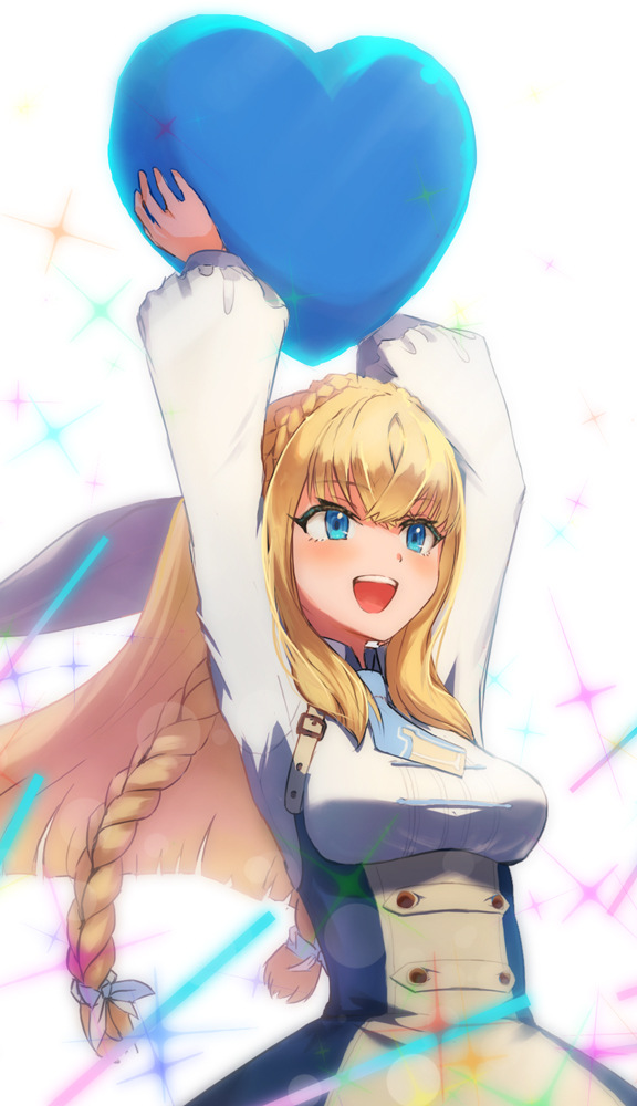 1girl :d arms_up blonde_hair blue_eyes braid breasts collared_shirt commentary crossed_bangs crown_braid english_commentary hair_over_shoulder hair_ribbon heart holding holding_heart isla_coleman laorenxing long_hair long_sleeves medium_breasts necktie production_kawaii puffy_long_sleeves puffy_sleeves ribbon shirt smile solo sparkle standing twin_braids very_long_hair virtual_youtuber white_background