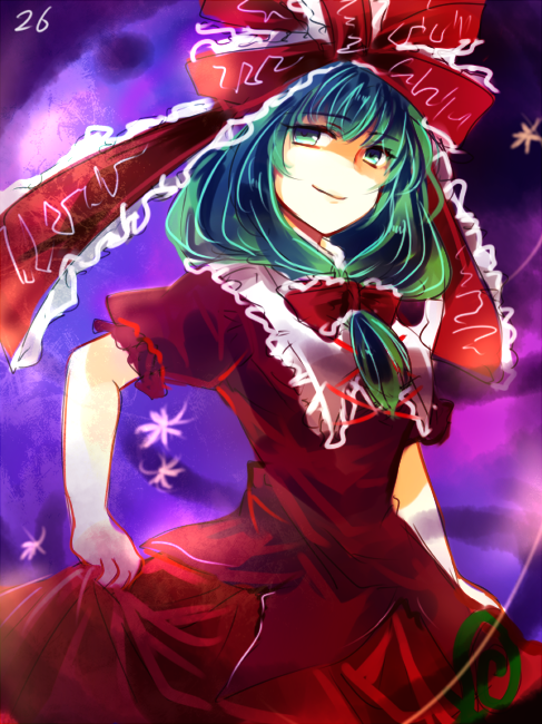 1girl bow closed_mouth commentary_request dress front_ponytail green_eyes hair_bow hair_ribbon kagiyama_hina kutsuki_kai medium_hair one-hour_drawing_challenge purple_background red_bow red_dress red_ribbon ribbon short_sleeves smile solo touhou