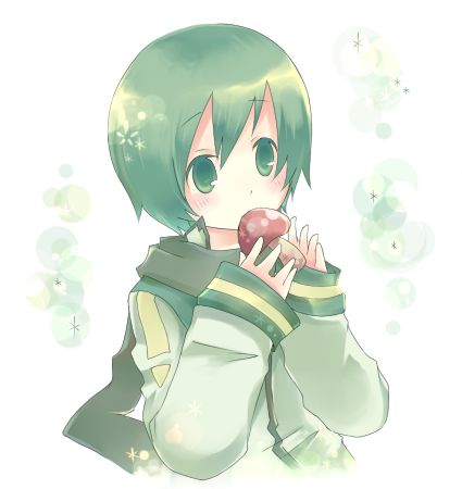1boy artist_request blush child coat cropped_torso expressionless food food_in_mouth green_coat green_eyes green_hair green_scarf hands_up holding holding_food holding_mushroom long_sleeves looking_to_the_side lowres male_focus mushroom nigaito scarf short_hair sleeve_cuffs solo source_request sparkle upper_body vocaloid white_background