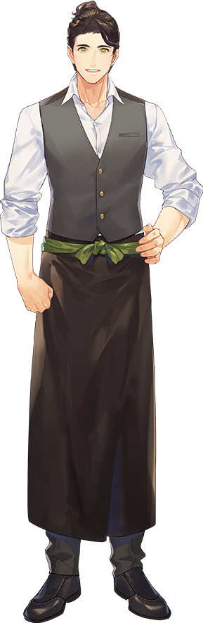 1boy :d apron belt black_footwear black_pants black_vest brown_hair chinese_commentary collarbone collared_shirt full_body green_belt green_eyes hand_on_own_hip looking_at_viewer male_focus nijisanji official_art open_mouth pants shirt siruphial smile solo standing tachi-e vest virtual_youtuber virtuareal white_shirt yagi_(virtuareal)