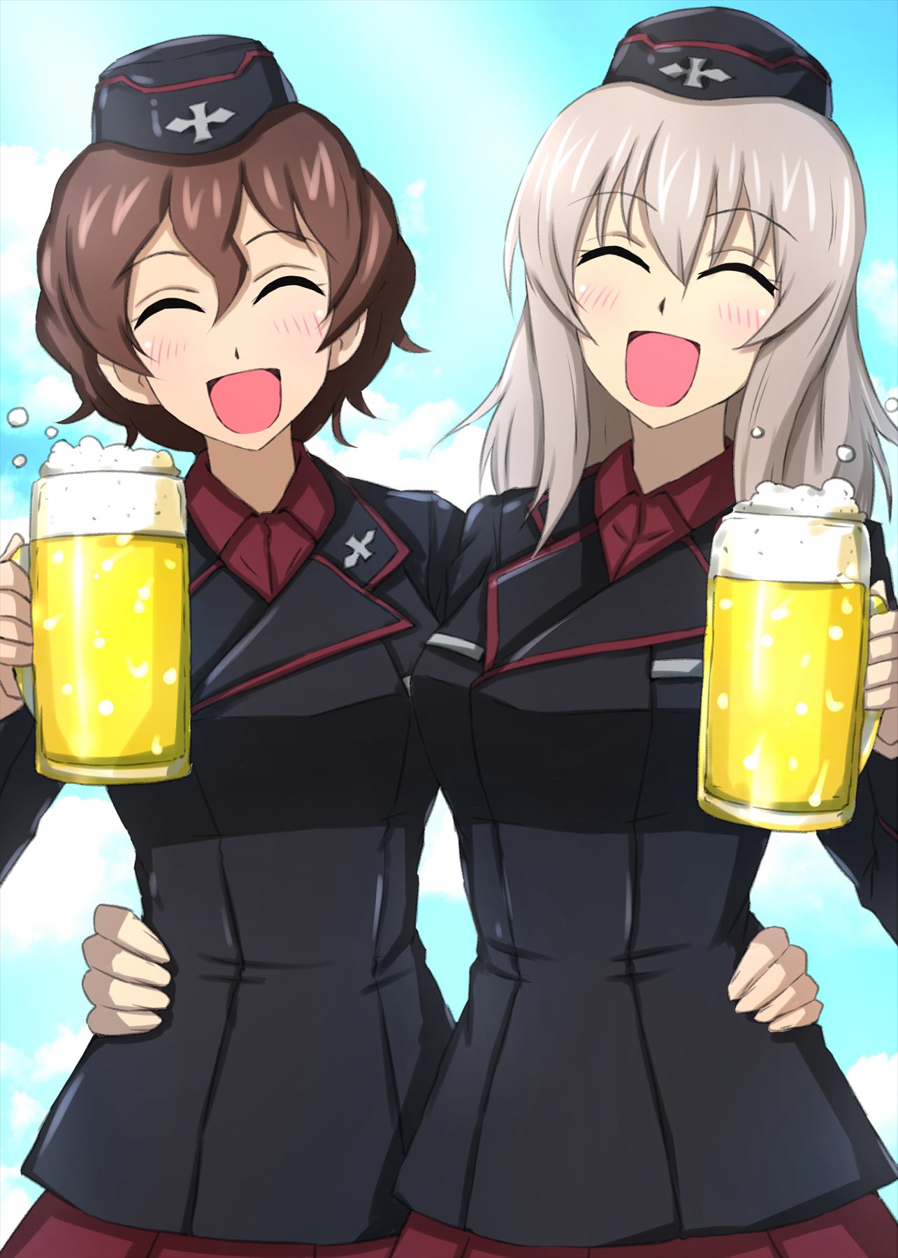 2girls :d alcohol arm_around_waist beer beer_mug black_headwear black_jacket blue_sky brown_hair closed_eyes clouds cloudy_sky commentary cup day dress_shirt facing_viewer garrison_cap girls_und_panzer grey_hair hat highres holding holding_cup insignia itsumi_erika jacket kuromorimine_military_uniform long_sleeves medium_hair military_hat military_uniform mug multiple_girls nishizumi_maho omachi_(slabco) open_mouth outdoors red_shirt red_skirt shirt short_hair side-by-side skirt sky smile uniform wing_collar