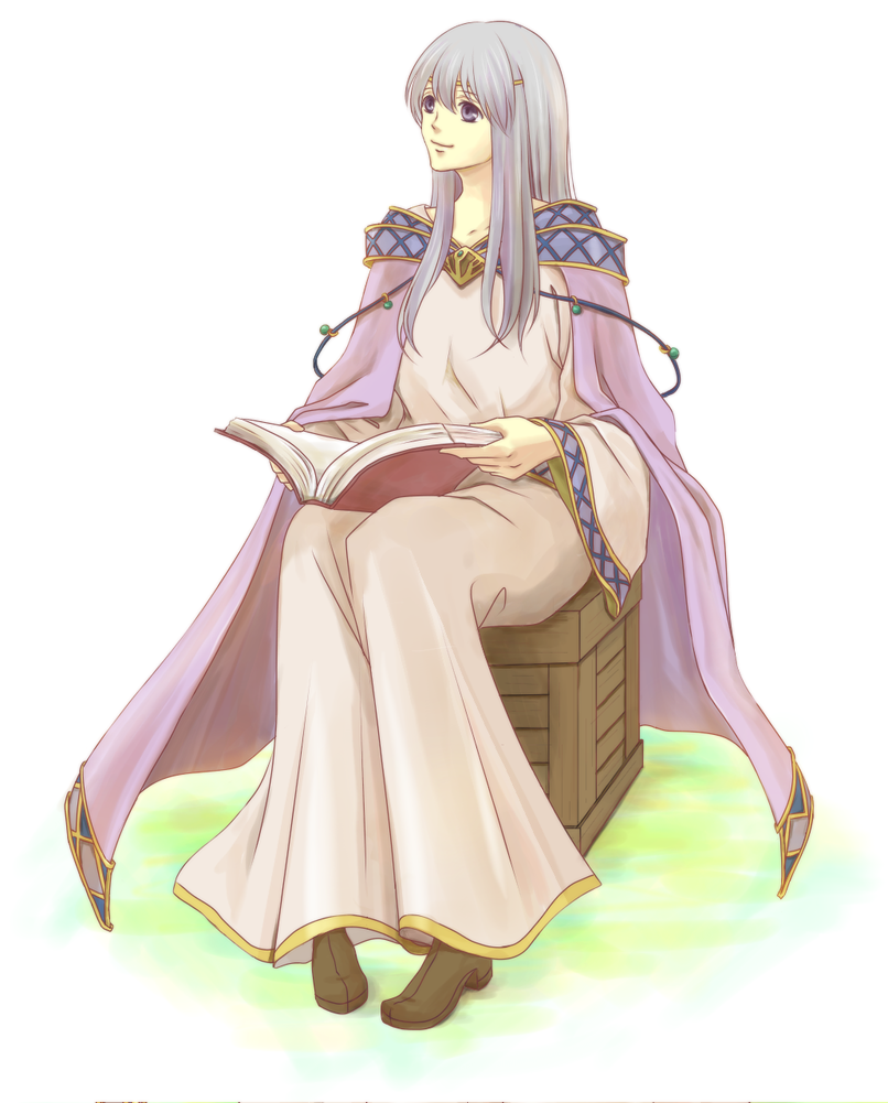 1girl book cape circlet crate dress fire_emblem fire_emblem:_genealogy_of_the_holy_war grey_hair holding holding_book julia_(fire_emblem) kanariasan long_hair open_book purple_cape simple_background sitting smile solo violet_eyes wide_sleeves