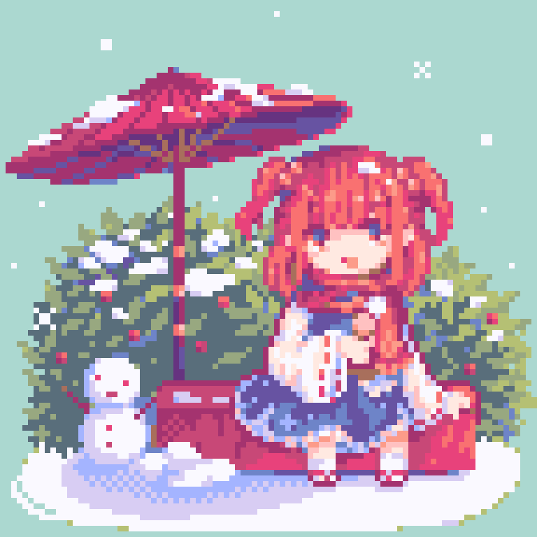 1girl blue_footwear commentary dango food full_body hair_bobbles hair_ornament long_sleeves looking_at_viewer oil-paper_umbrella onozuka_komachi open_mouth outdoors pii_614 pixel_art red_eyes red_scarf redhead ribbon-trimmed_sleeves ribbon_trim scarf sitting snow snowing snowman solo symbol-only_commentary touhou two_side_up umbrella wagashi
