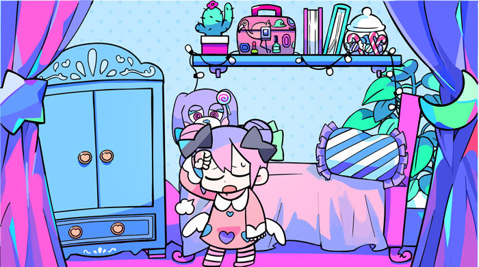 1girl angel_wings bed bedroom black_bow blue_background book bow cactus candy candy_cane closed_eyes collar collared_dress commentary_request crescent dadadada_tenshi deformed double_bun dress food full_body hair_bow hair_bun heart heart_print indie_utaite indoors jar long_sleeves nanawo_akari open_mouth pillow pink_dress pink_footwear pink_hair pink_sleeves plant polka_dot polka_dot_background potted_plant puff_of_air shoes short_hair sleeves_past_wrists socks solo star_(symbol) sweatdrop terada_tera toolbox utaite white_collar white_socks white_wings wings wiping_sweat