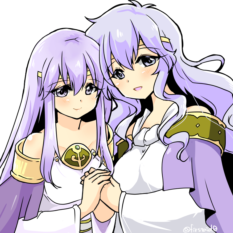 2girls bare_shoulders cape circlet deirdre_(fire_emblem) dress fire_emblem fire_emblem:_genealogy_of_the_holy_war holding_hands julia_(fire_emblem) long_hair looking_at_viewer mother_and_daughter multiple_girls purple_cape purple_hair simple_background violet_eyes wide_sleeves yukia_(firstaid0)