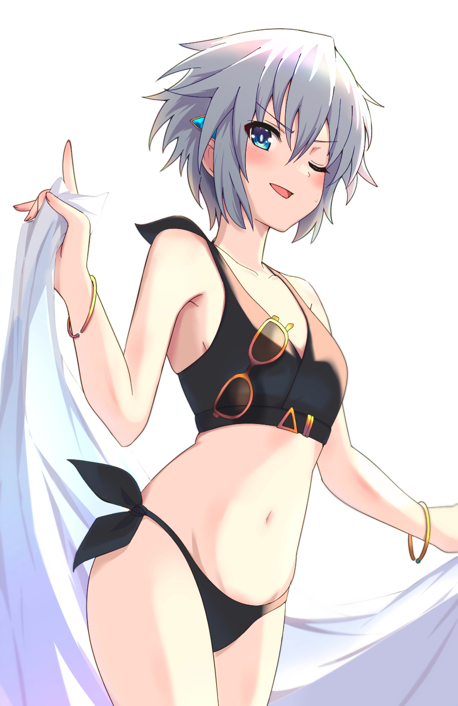 1girl bangle bikini black_bikini blue_eyes bracelet breasts commentary_request date_a_live grey_hair highres honjou_nia jewelry lime_ill_10 navel one_eye_closed open_mouth short_hair small_breasts smile solo swimsuit white_background