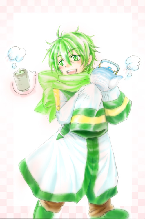 1boy bow brown_pants checkered_background child coat commentary_request cup ei_list-spirytus_hkr full_body green_eyes green_footwear green_hair green_scarf green_tea hands_up holding_kettle kettle looking_to_the_side male_focus multicolored_coat nigaito open_mouth pants scarf scarf_bow slippers smile solo speech_bubble standing steam tea teeth upper_teeth_only very_long_sleeves vocaloid walking white_background white_coat