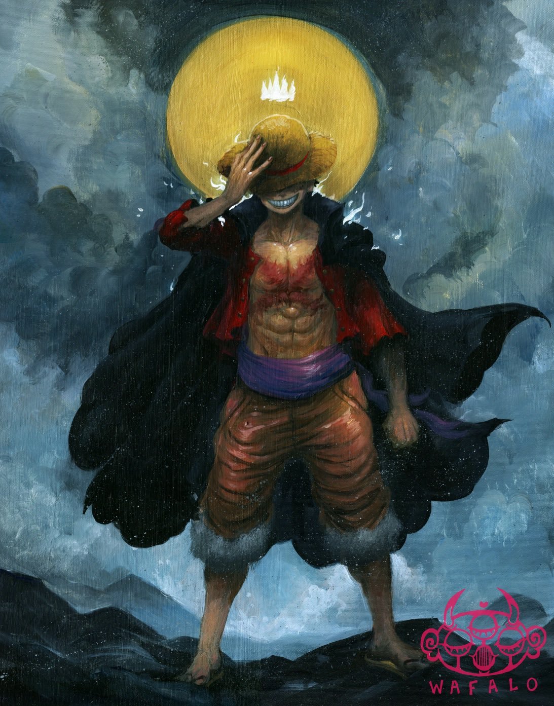 1boy abs acrylic_paint_(medium) artist_logo artist_name black_coat black_hair burn_scar buttons cardigan coat coat_on_shoulders collared_coat covered_eyes cross_scar crown fur-trimmed_shorts fur_trim grin halo hand_on_headwear hat highres male_focus monkey_d._luffy one_piece open_clothes orange_shorts painting_(medium) purple_sash red_cardigan sandals sash scar scar_on_cheek scar_on_chest scar_on_face short_hair short_sleeves shorts smile solo straw_hat sun teeth toned toned_male traditional_media unbuttoned unbuttoned_shirt wafalo yellow_halo