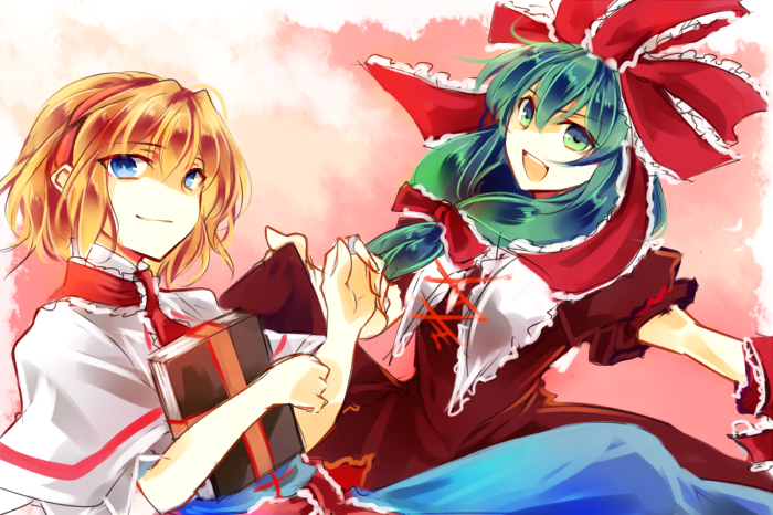 2girls alice_margatroid blue_dress blue_eyes book capelet closed_mouth commentary_request cross-laced_clothes dress front_ponytail green_eyes green_hair hair_ribbon hairband kagiyama_hina kutsuki_kai looking_at_viewer multiple_girls one-hour_drawing_challenge open_mouth pink_background red_hairband red_ribbon ribbon short_hair touhou white_capelet