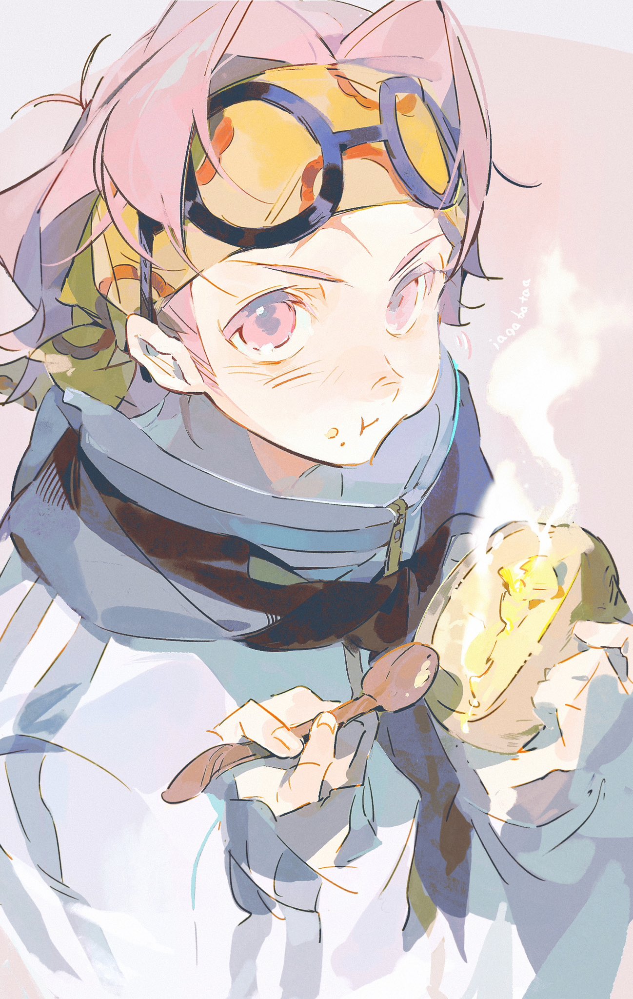 1boy :t eating eyewear_on_head food food_on_face glasses headband highres holding holding_food koby_(one_piece) looking_at_viewer male_focus marine_uniform_(one_piece) nasix23 one_piece patterned_hair pink_hair scar scar_on_face scar_on_forehead solo spoon
